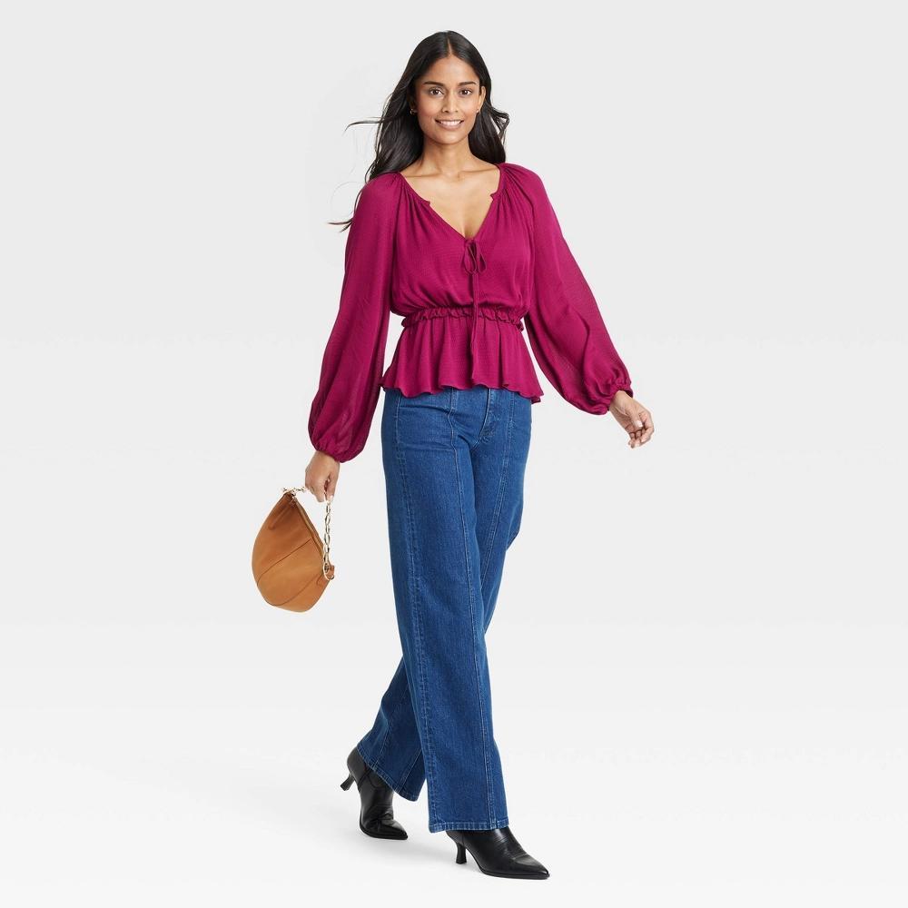 Womens Long Sleeve Tie-Front Peplum Blouse - Universal Thread Maroon XS Product Image