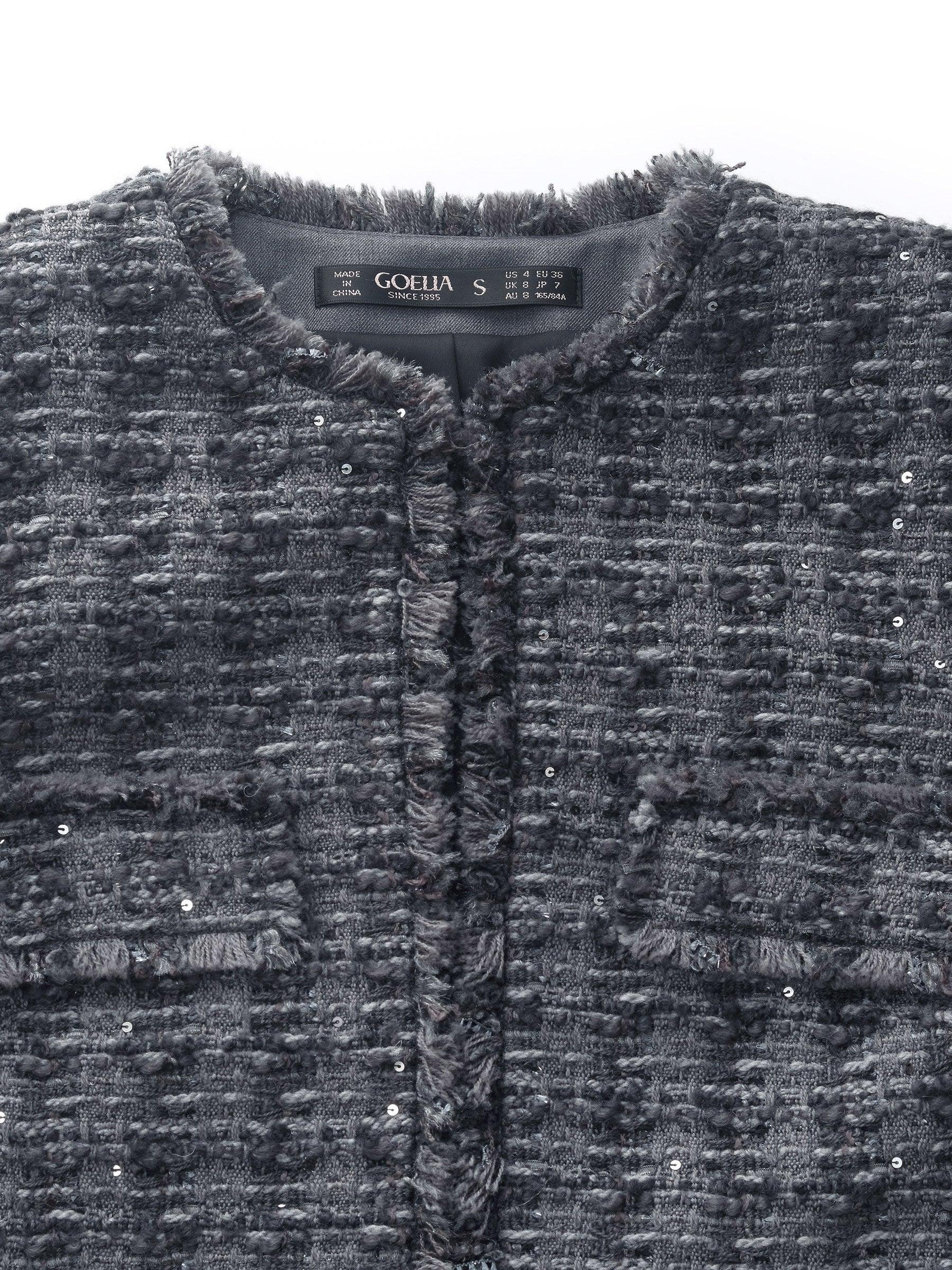 Wool Blend Sequins Tweed Women Frayed Edge Crop Jacket Product Image