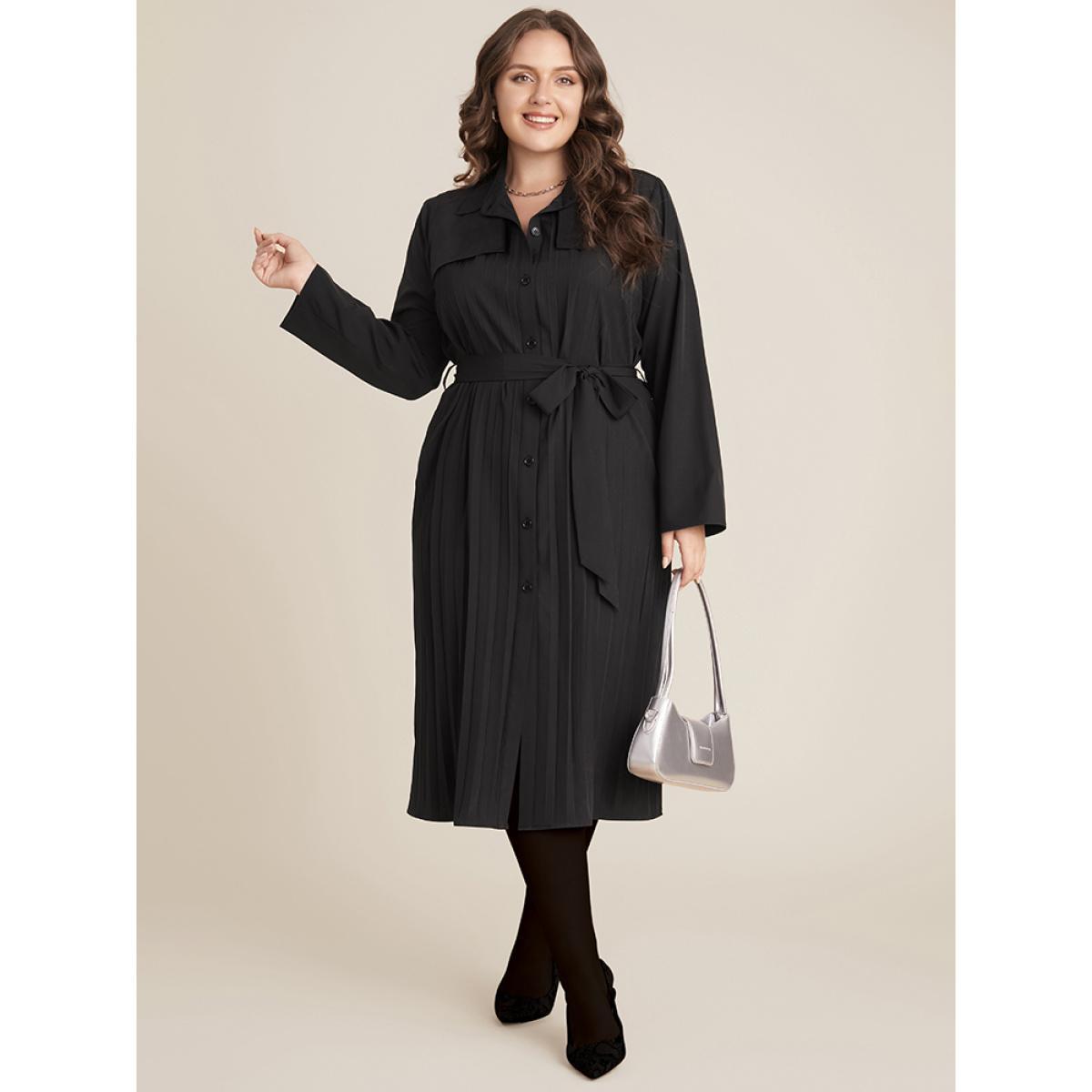 Plus Size Solid Belted Pleated Shirt Collar Dress Black Women Office Belted Shirt collar Long Sleeve Curvy Midi Dress BloomChic 18-20/2X Product Image