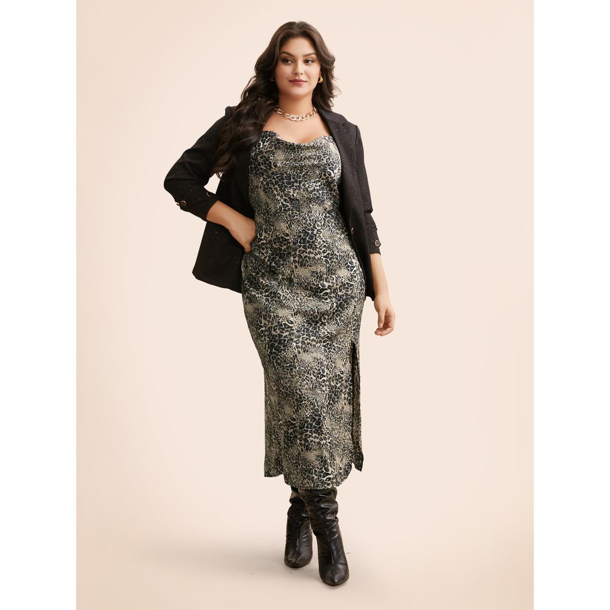 Plus Size Cowl Neck Leopard Print Maxi Dress Leopard Women Elegant Slit Cowl Neck Sleeveless Curvy BloomChic 22-24/3X Product Image