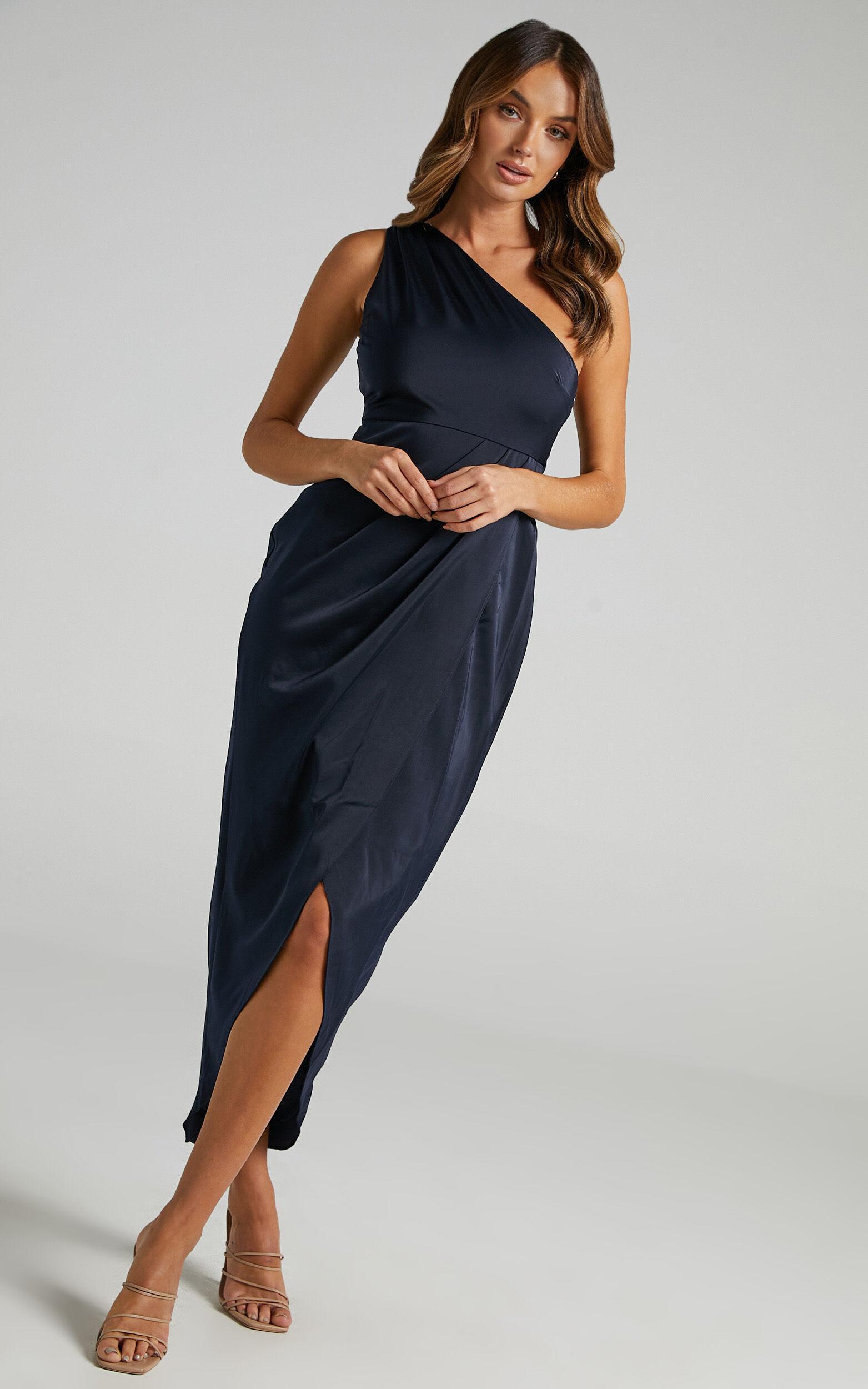 Felt So Happy Midi Dress - One Shoulder Drape Dress in Navy Product Image