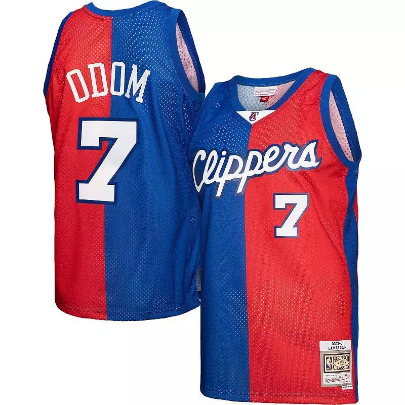 Men's Mitchell & Ness Lamar Odom Royal/Red LA Clippers Hardwood Classics 2000/01 Split Swingman Jersey, Size: Small, Blue Product Image