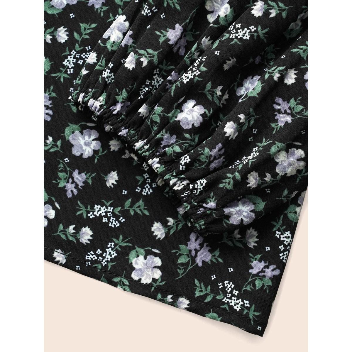 Plus Size Black Heart Neckline Ditsy Floral Shirred Blouse Women Elegant Long Sleeve Heart neckline Everyday Blouses BloomChic 28/5X Product Image