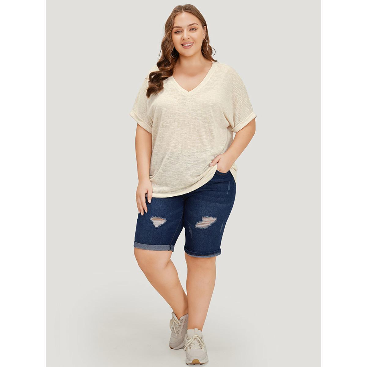 Plus Size Solid Mesh Heather Roll Batwing Sleeve T-shirt Beige Women Casual See through Plain V-neck Dailywear T-shirts BloomChic 14-16/1X Product Image