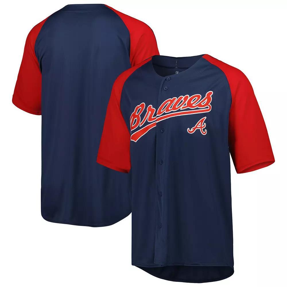 Men's Stitches Navy Atlanta Braves Button-Down Raglan Fashion Jersey, Size: Medium, Blue Product Image