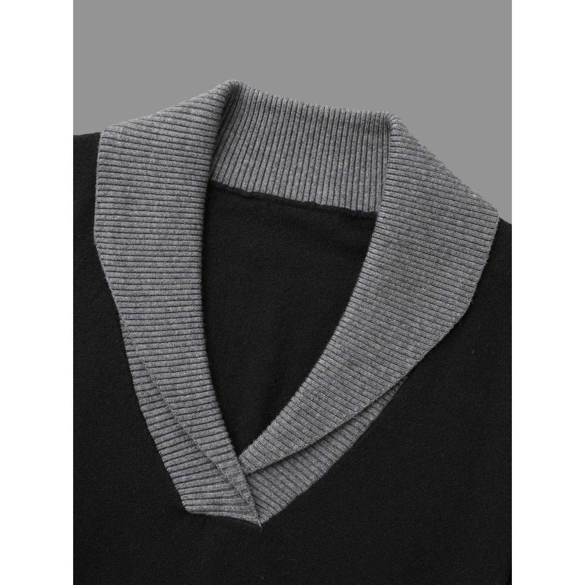Plus Size Contrast Overlap Collar Button Detail Pullover Black Women Casual Loose Long Sleeve Overlap Collar Everyday Pullovers BloomChic 12/L Product Image