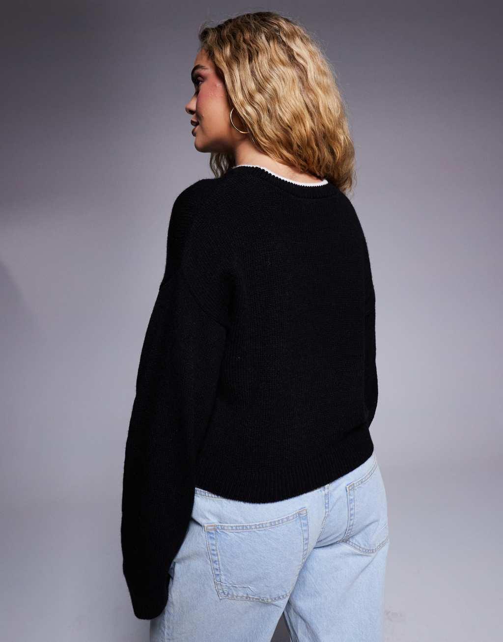 ASOS DESIGN knitted crew neck sweater with contrast tipping in mono Product Image
