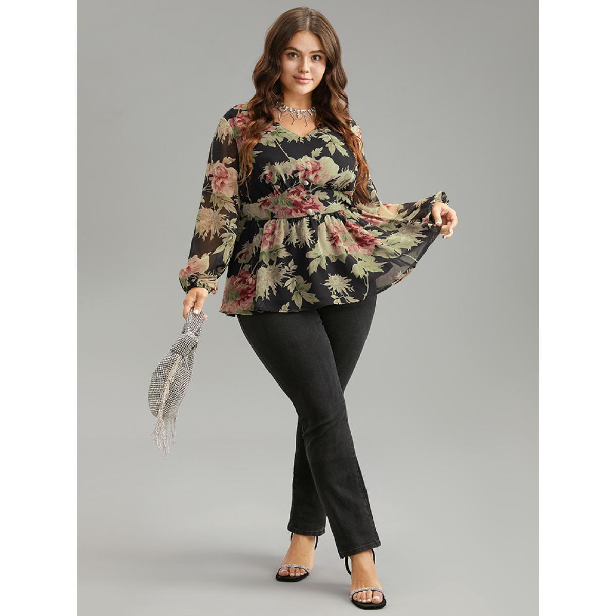 Plus Size Black Floral Flutter Hem Elastic Waist Blouse Women Elegant Long Sleeve V-neck Everyday Blouses BloomChic 28/5X Product Image