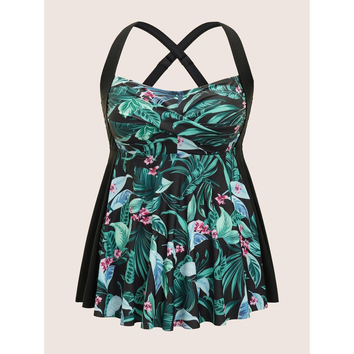 Plus Size Tropical Print Crossover Swim Top Women's Swimwear Multicolor Beach Twist High stretch Bodycon Heart neckline Curve Swim Tops BloomChic 18-20/2X Product Image