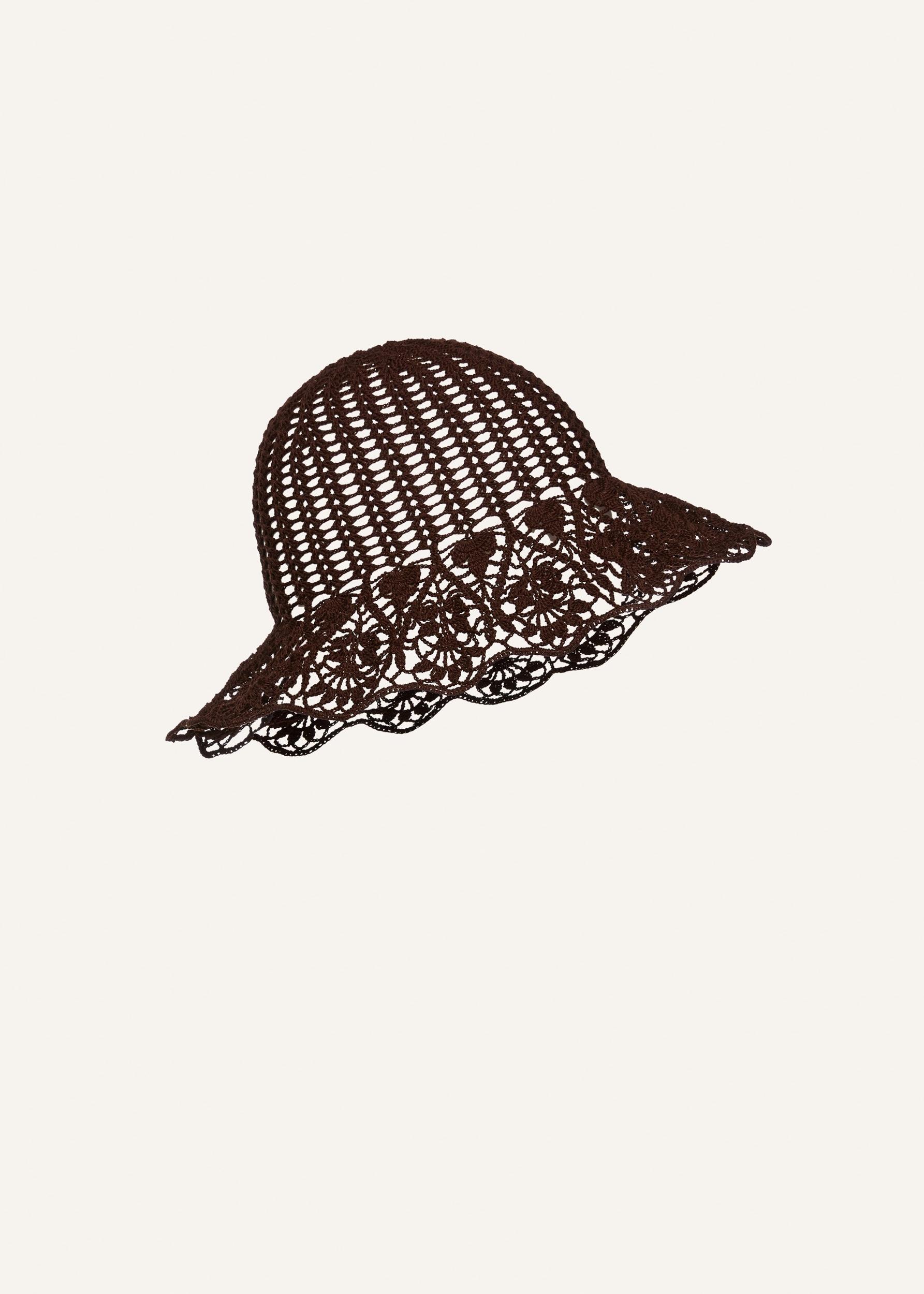 Lace crochet bucket hat in brown. Product Image