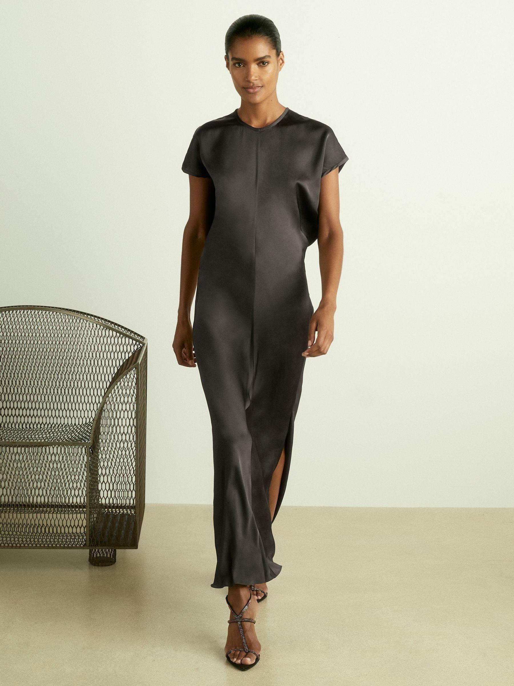 Satin Short-Sleeve Midi Dress in Charcoal Product Image