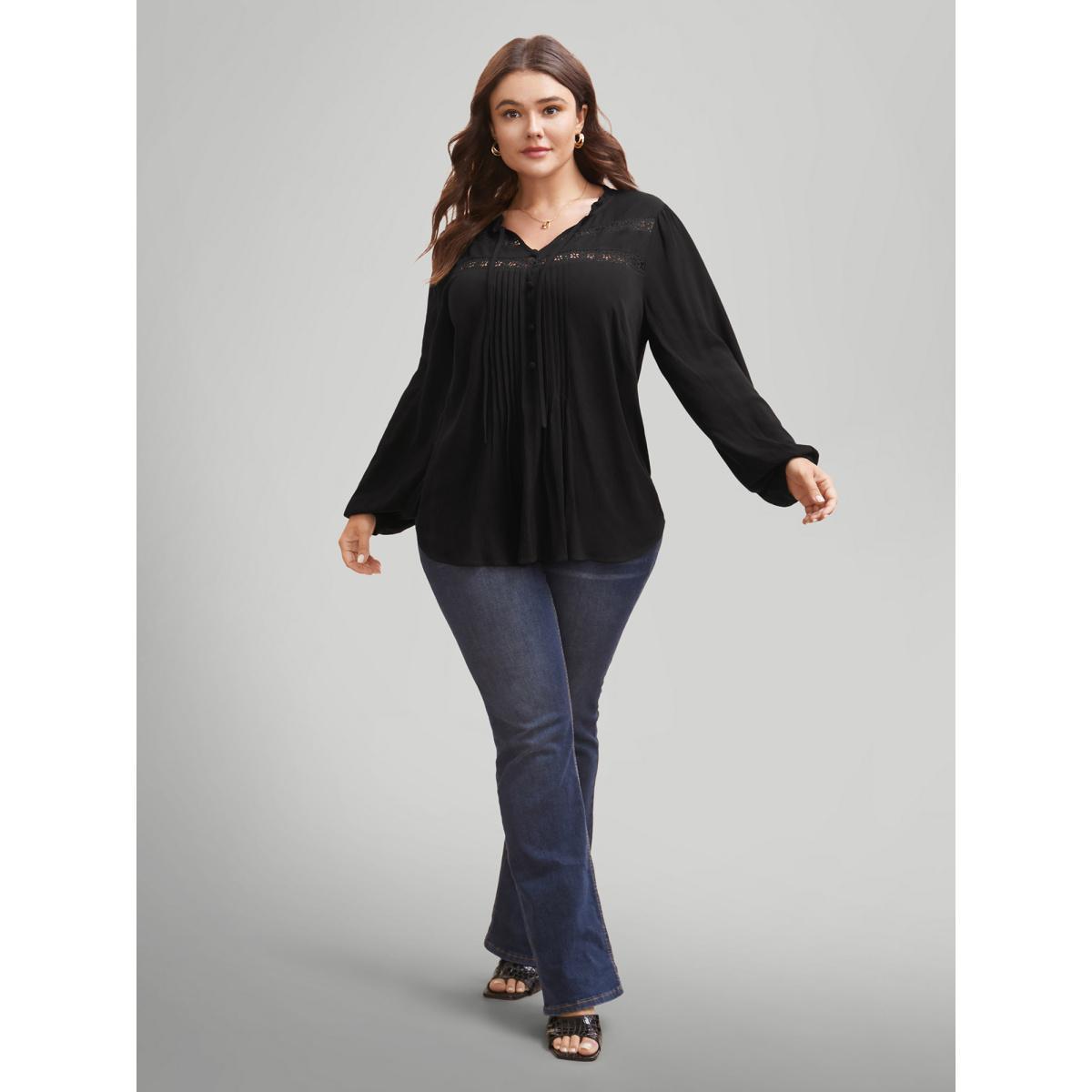 Plus Size Black Lace Patchwork Pleated Ruffles Blouse Women Timeless Long Sleeve V-neck Elegant Blouses BloomChic 22-24/3X Product Image