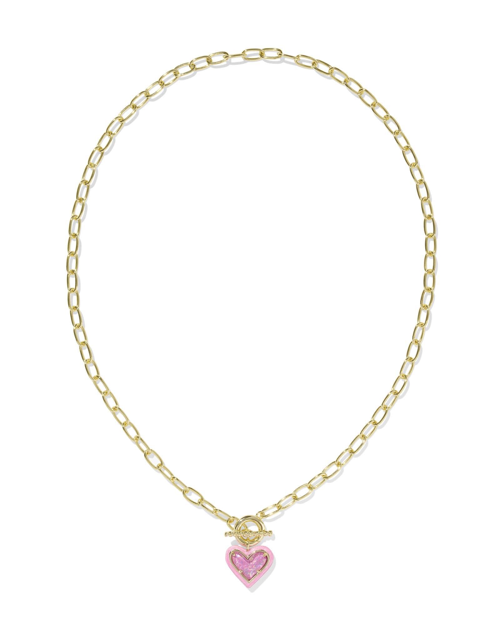 Ari Heart Silver Enamel Frame Link and Chain Necklace in Pink Iridescent Glitter Glass Product Image