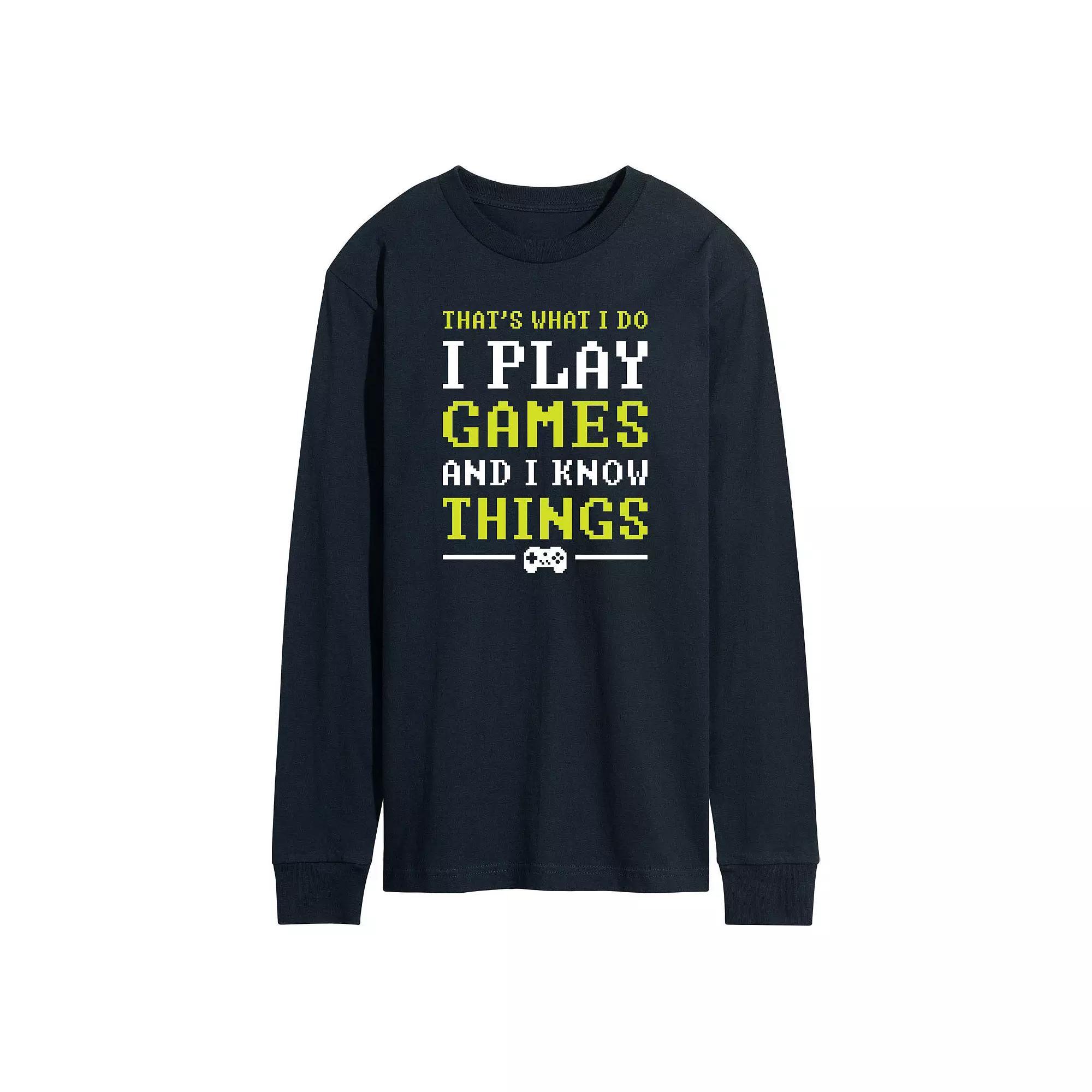 Men's I Play Games And I Know Things Pixel Long Sleeve Graphic Tee, Size: Small, Blue Product Image