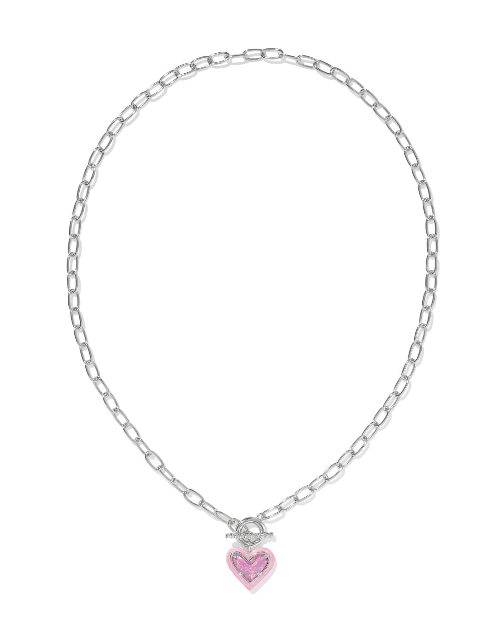 Ari Heart Silver Enamel Frame Link and Chain Necklace in Pink Iridescent Glitter Glass Product Image