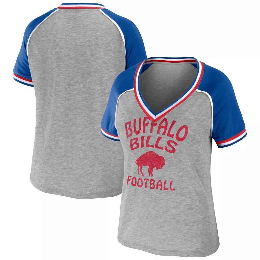 Women's WEAR by Erin Andrews Heather Gray Buffalo Bills Throwback Raglan V-Neck T-Shirt, Size: Small, Grey Product Image