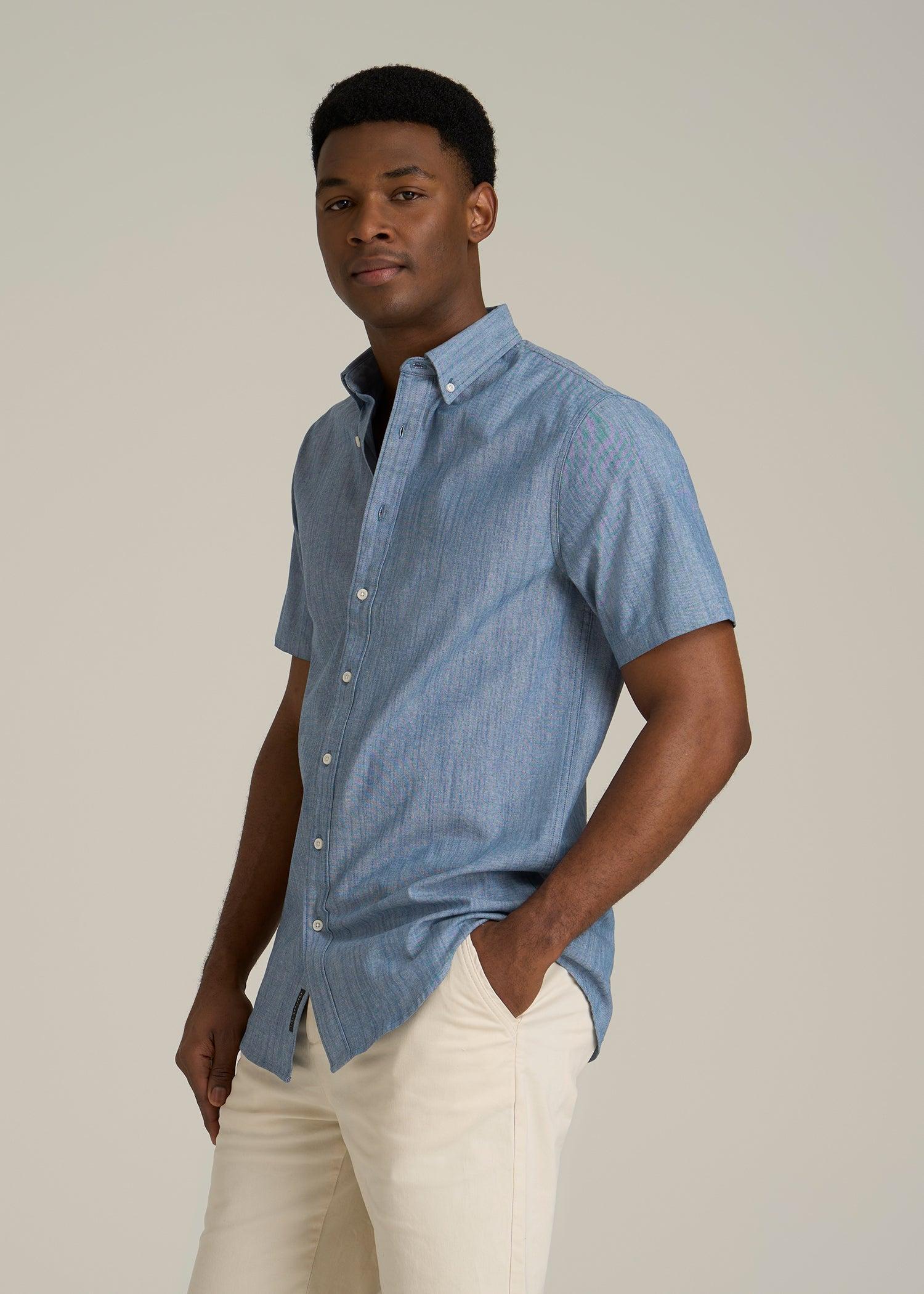 Short Sleeve Stretch Chambray Shirt for Tall Men in Medium Blue Chambray Male Product Image