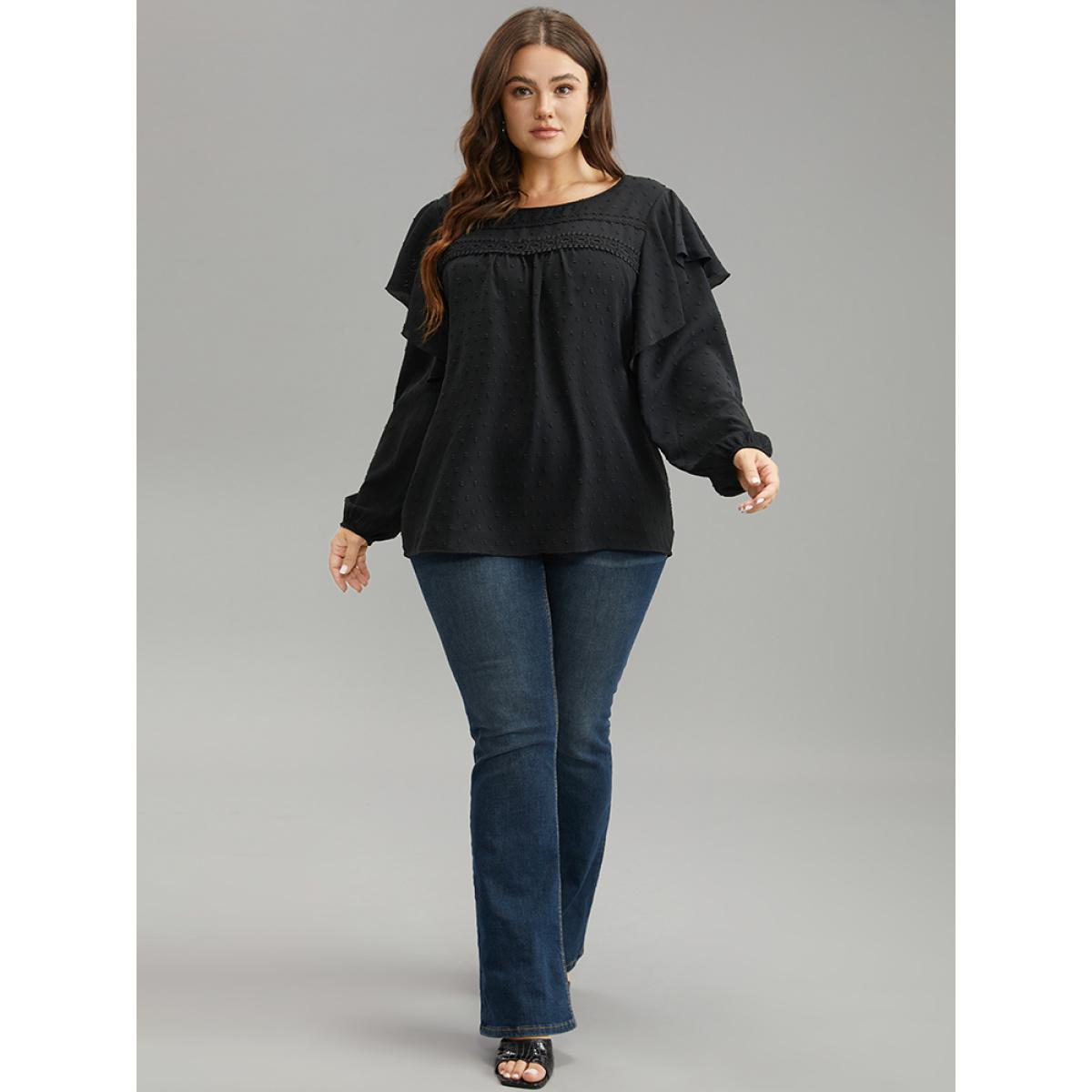 Plus Size Black Solid Contrast Lace Tiered Ruffles Blouse Women Elegant Long Sleeve Round Neck Dailywear Blouses BloomChic 12/L Product Image