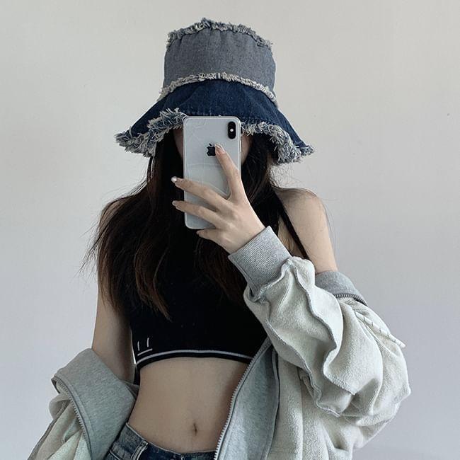 Distressed Washed Denim Bucket Hat Product Image