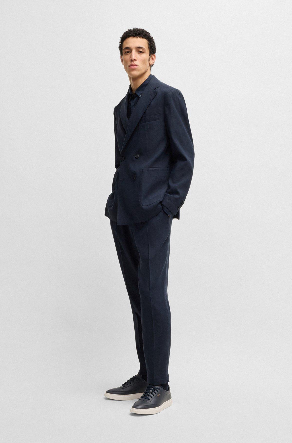 BOSS - Tapered-fit machine-washable tailored trousers in a linen blend - Dark Blue Product Image