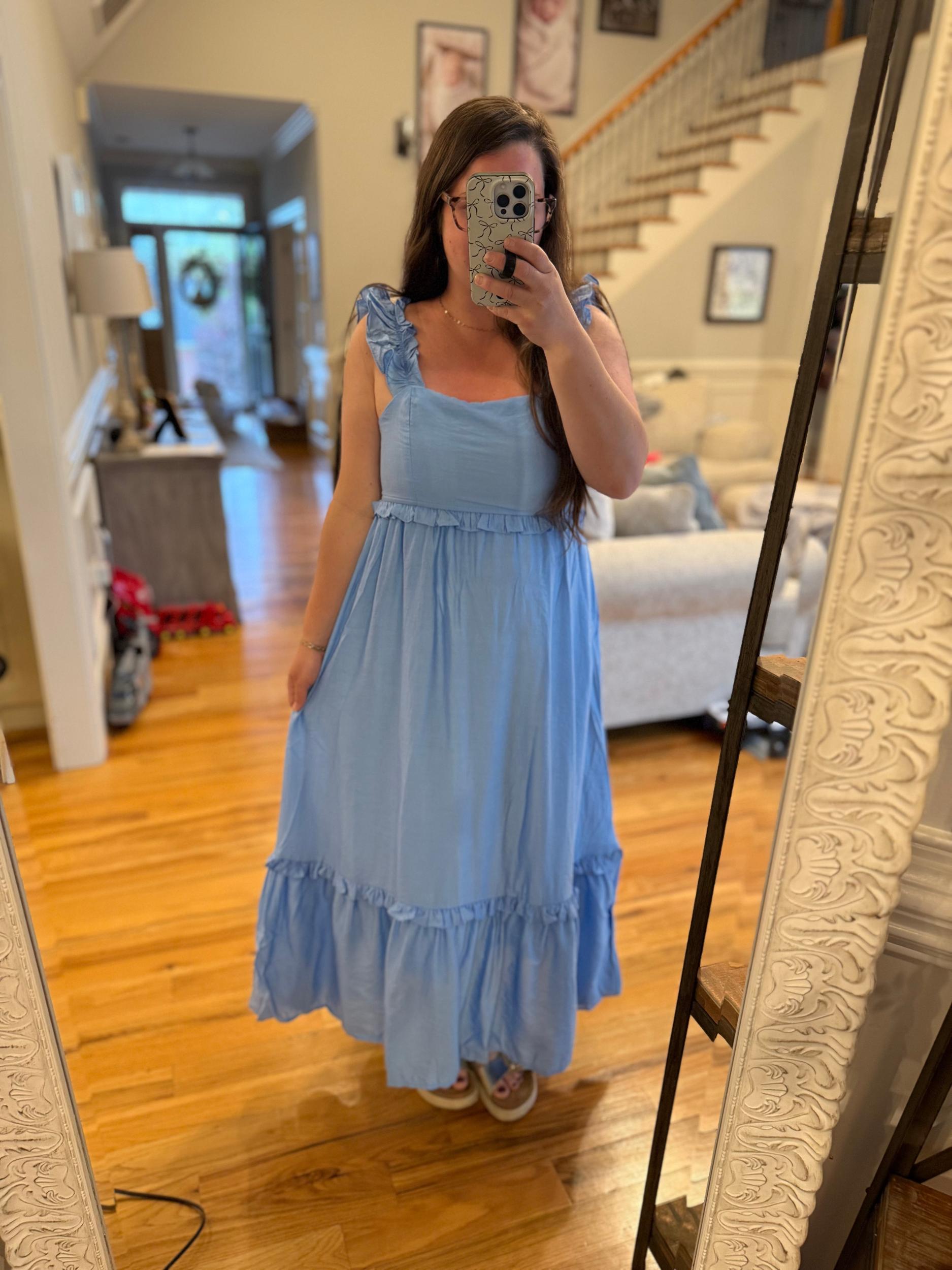 RUFFLE DETAIL EMPIRE WAIST SLEEVELESS MIDI DRESS: BLUE Product Image