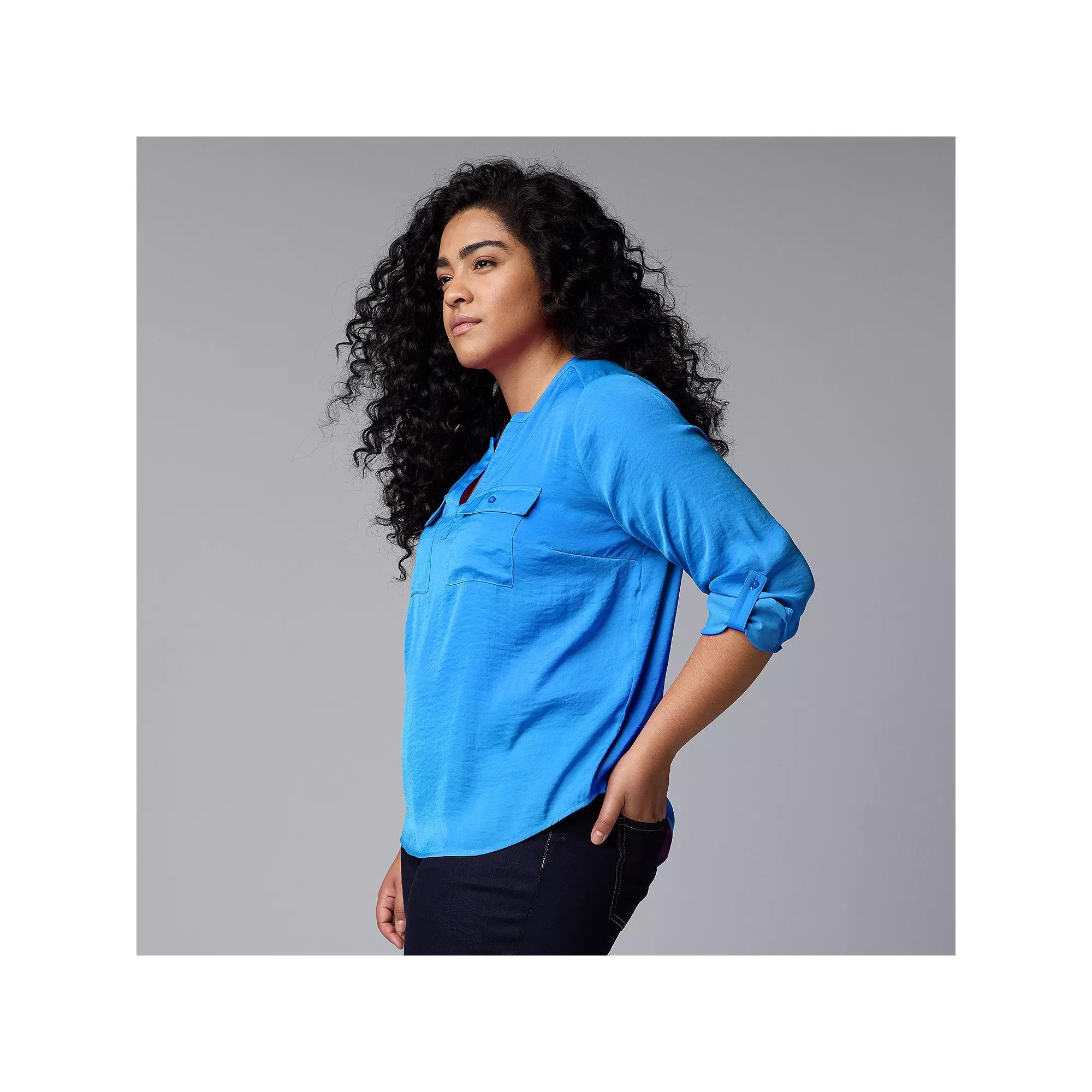 Plus Size Petite Simply Vera Vera Wang Roll-Tab Popover Blouse, Women's, Size: 2XL, Vera Cerulean Blue Product Image