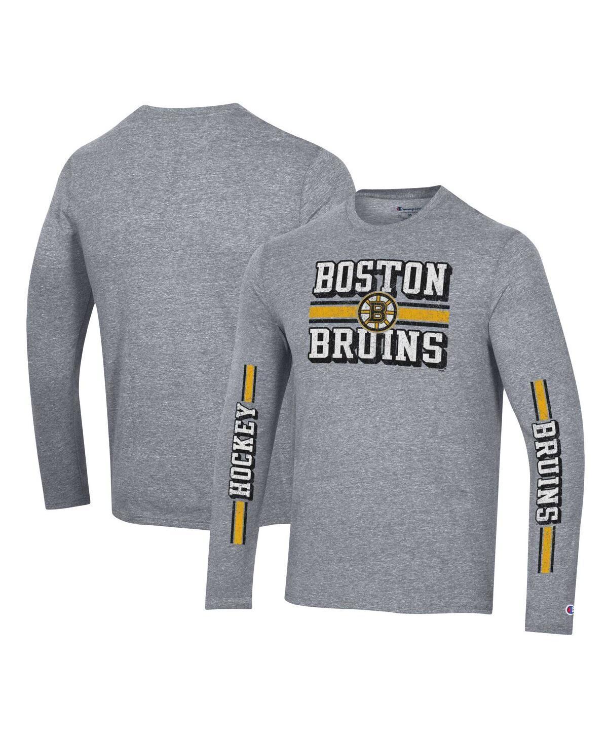 Men's Champion Heather Gray Boston Bruins Tri-Blend Dual-Stripe Long Sleeve T-Shirt, Size: Medium, Grey Product Image