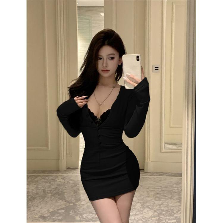 Long Sleeve V-Neck Plain Button Down Bodycon Mini Dress Product Image