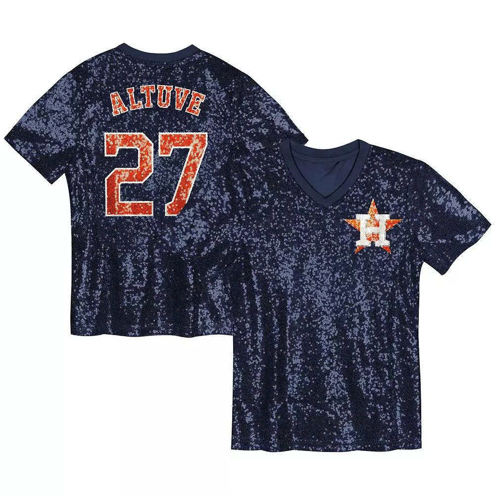 Juniors Jose Altuve Navy Houston Astros Name & Number Sequin V-Neck Top, Women's, Size: JR Medium, Blue Product Image