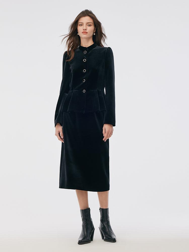 Velvet Mandarin Collar Ruffle Hem Jacket And Back Slit Skirt Two-Piece Product Image
