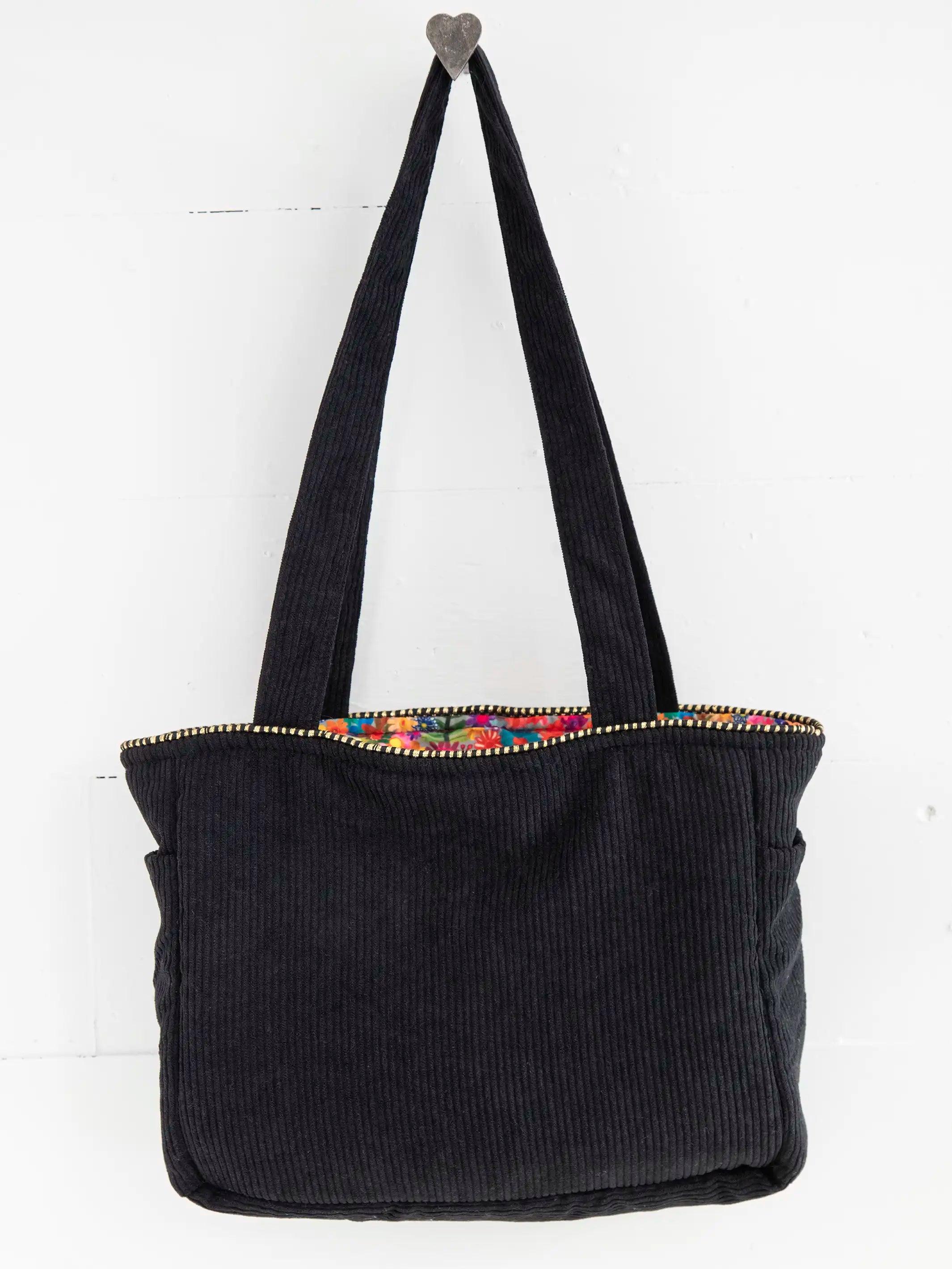 Embroidered Corduroy Tote - Black Folk Flower Product Image