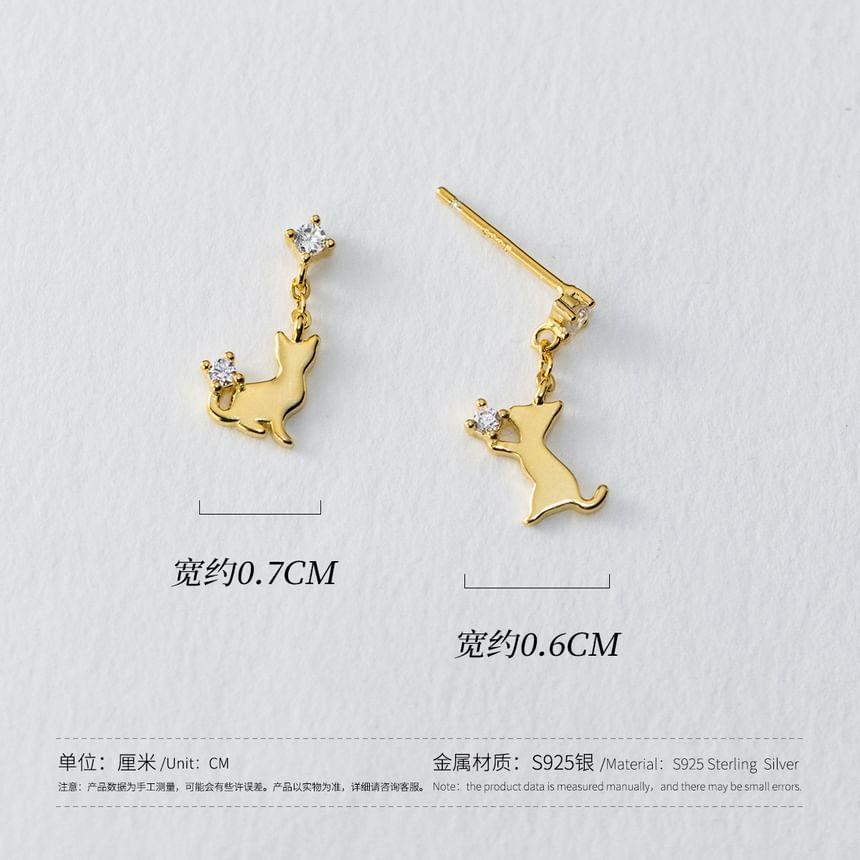 925 Sterling Silver Rhinestone Cat Asymmetrical Drop Earring Product Image