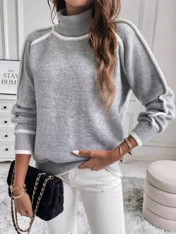 Long Sleeves Loose Contrast Color Split-Joint High Neck Sweater Tops Product Image