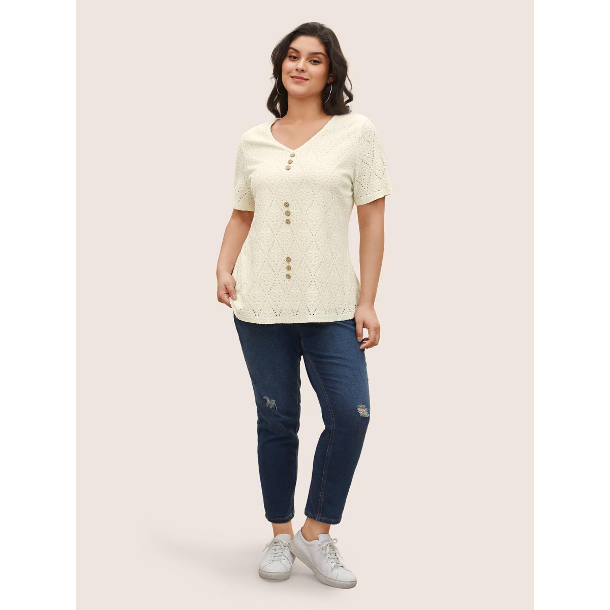 Plus Size Solid Plisse V Neck Button Detail T-shirt White Women Casual Texture Plain V-neck Everyday T-shirts BloomChic 10/M Product Image