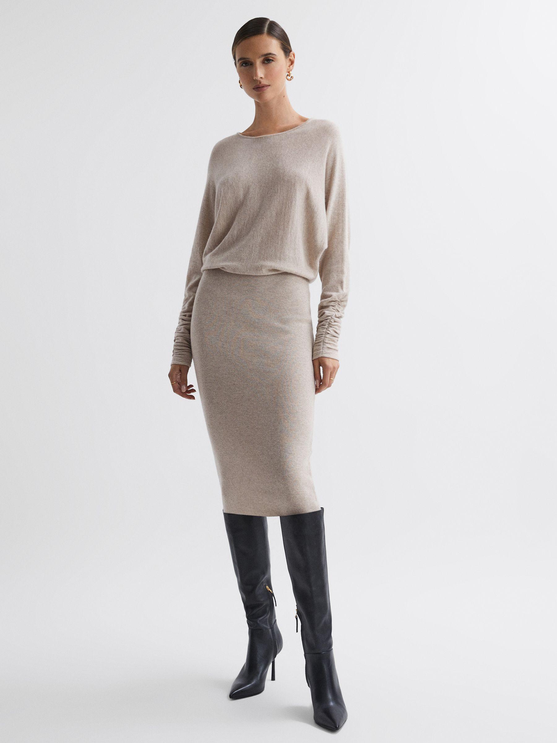 Wool Blend Ruched Sleeve Midi Dress in Neutral Product Image