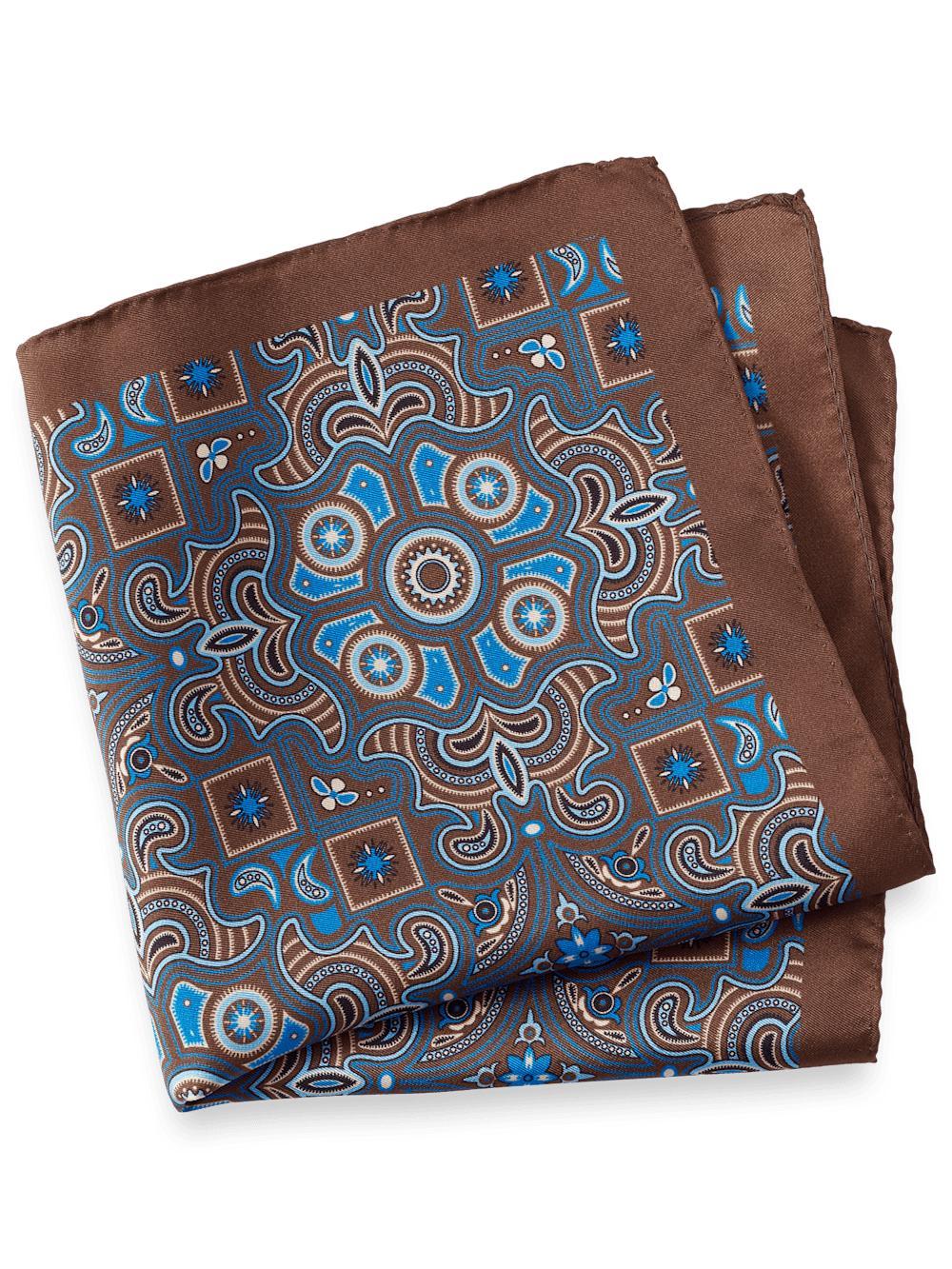 Medallion Silk Pocket Square - Brown/blue Product Image