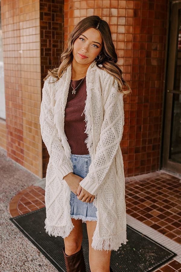 Fireside Cozy Cable Knit Fringe Cardigan Product Image