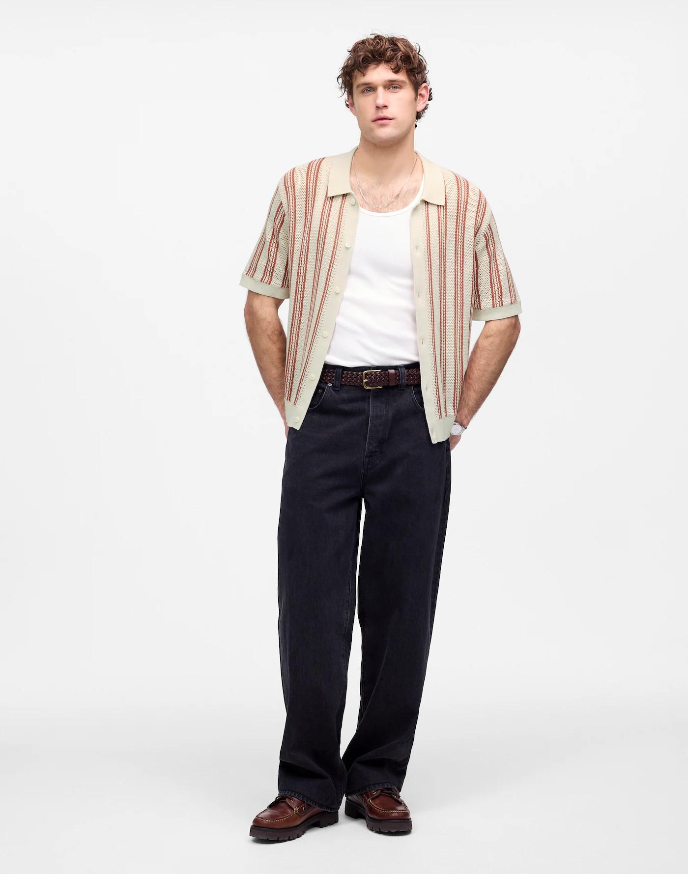 Open-Stitch Button-Up Sweater Polo Product Image