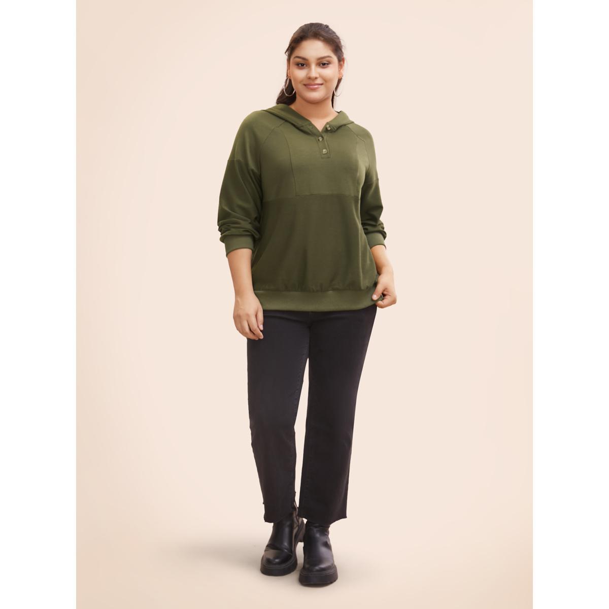 Plus Size Solid Button Up Raglan Sleeve Hooded Sweatshirt Women ArmyGreen Casual Patchwork Hooded Everyday Sweatshirts BloomChic 14-16/1X Product Image