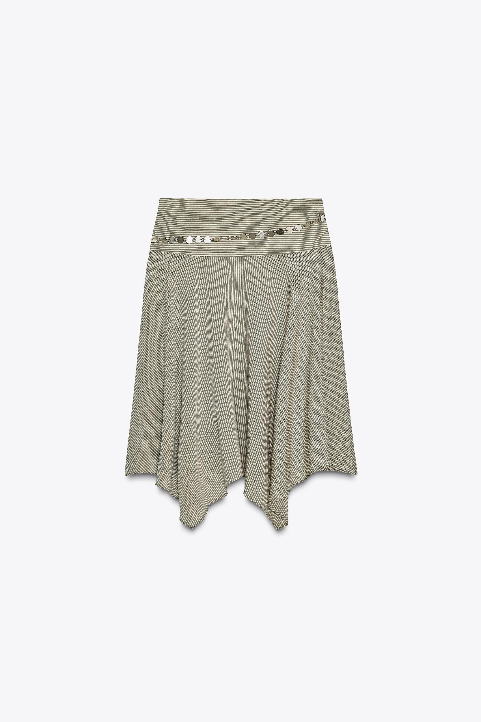 STRIPED ASYMMETRIC BELTED MIDI SKIRT Product Image