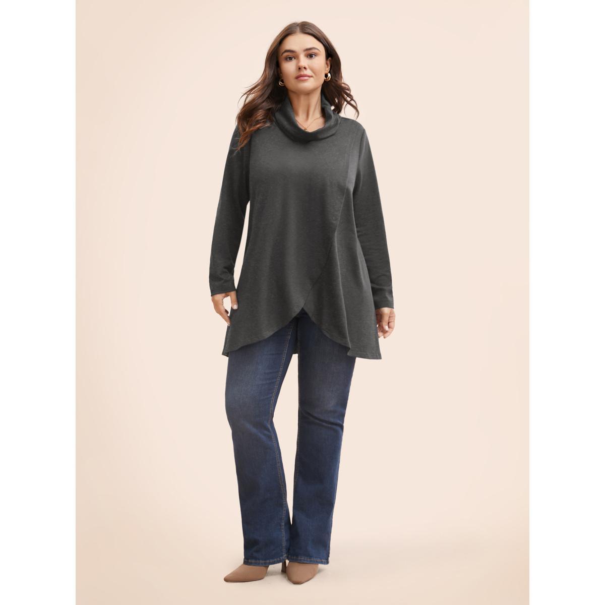 Plus Size Plain Wrap Hem Turtleneck Sweatshirt Women Gray Elegant Wrap Turtleneck Dailywear Sweatshirts BloomChic 30/6X Product Image
