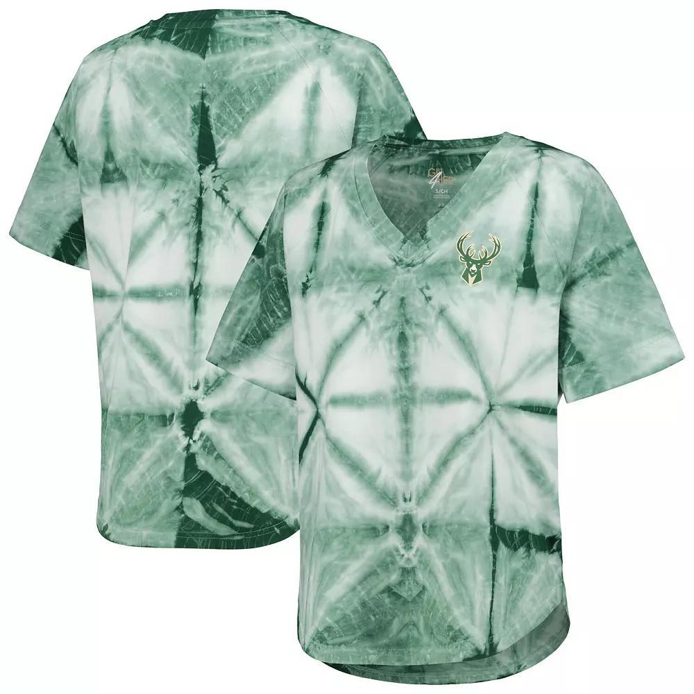 Women's G-III 4Her by Carl Banks Hunter Green Milwaukee Bucks Tournament Raglan Oversized Tie-Dye V-Neck T-Shirt, Size: XL, Team Product Image