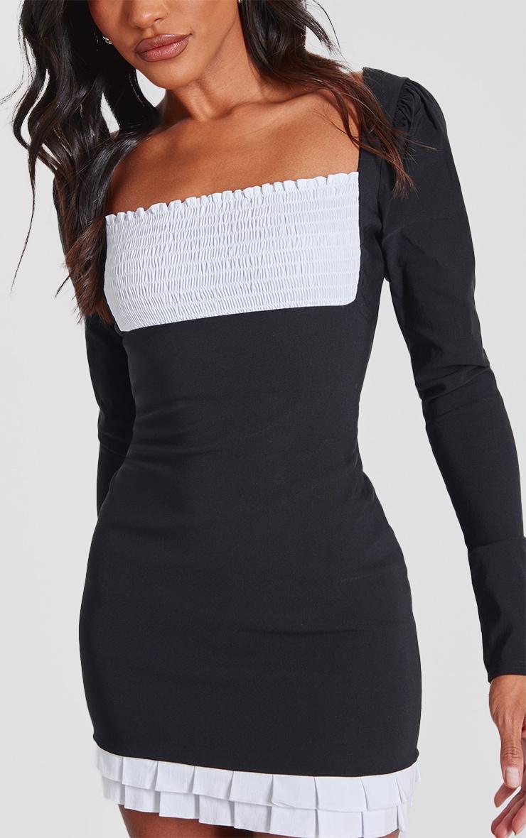 Black Contrast Shirred Detail Long Sleeve Shift Dress Product Image