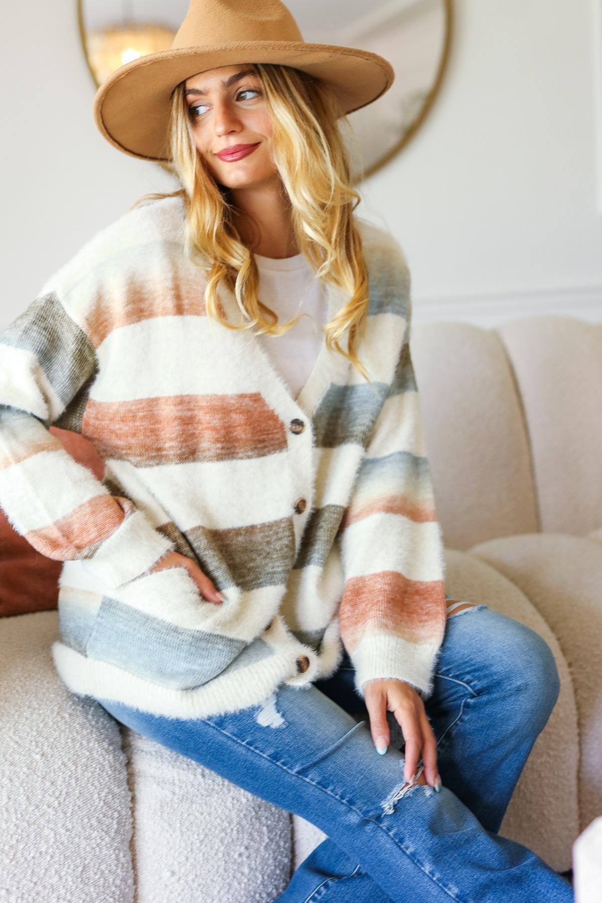 Button Down Stripe Soft Fuzzy Sweater Cardigan Product Image