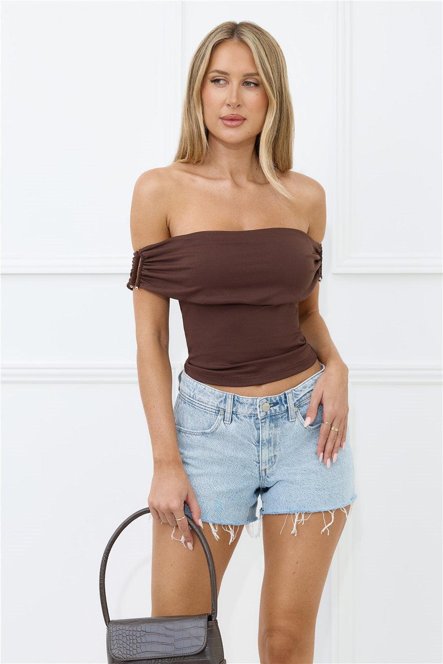 Elevated Minimal Off Shoulder Crop Top Brown Product Image