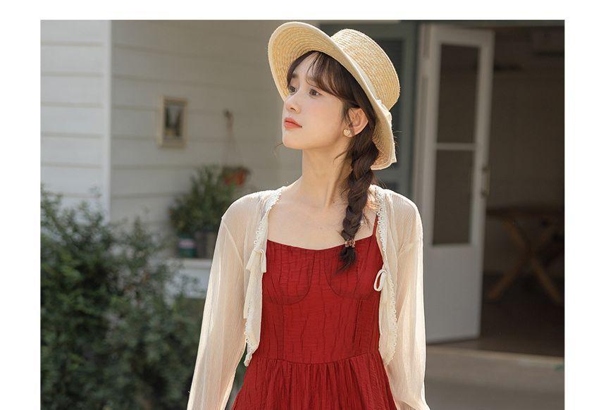 Spaghetti Strap Plain Tiered Midi A-Line Dress / Crop Cardigan Product Image