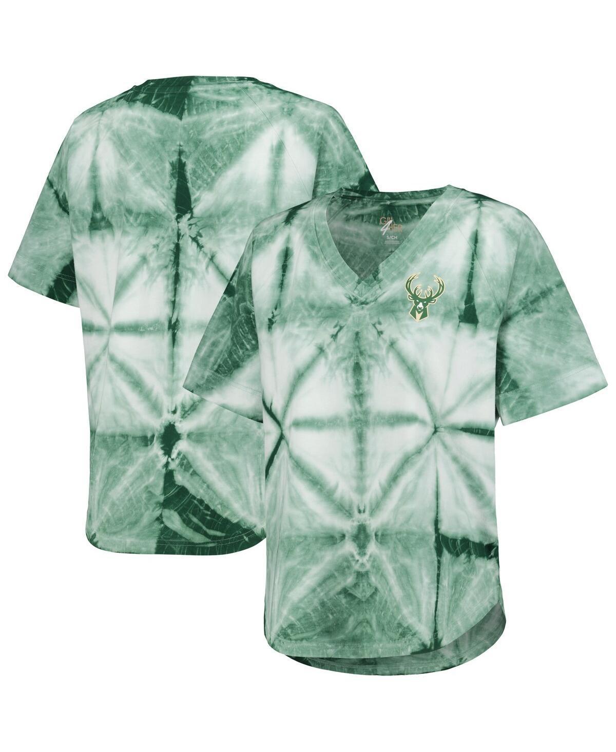 Women's G-III 4Her by Carl Banks Hunter Green Milwaukee Bucks Tournament Raglan Oversized Tie-Dye V-Neck T-Shirt, Size: XL, Team Product Image