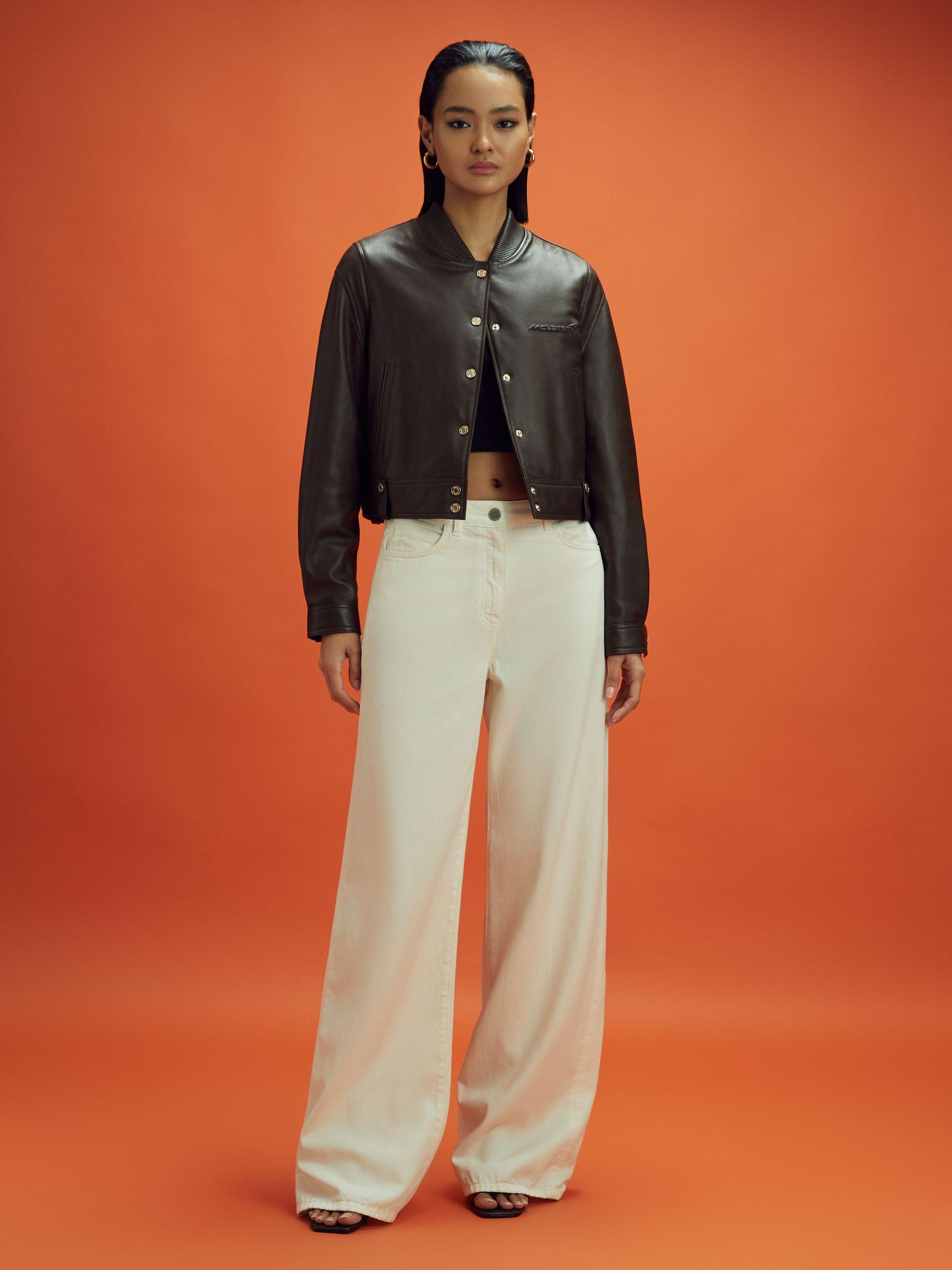 McLaren F1 Cropped Leather Bomber Jacket in Chocolate Product Image