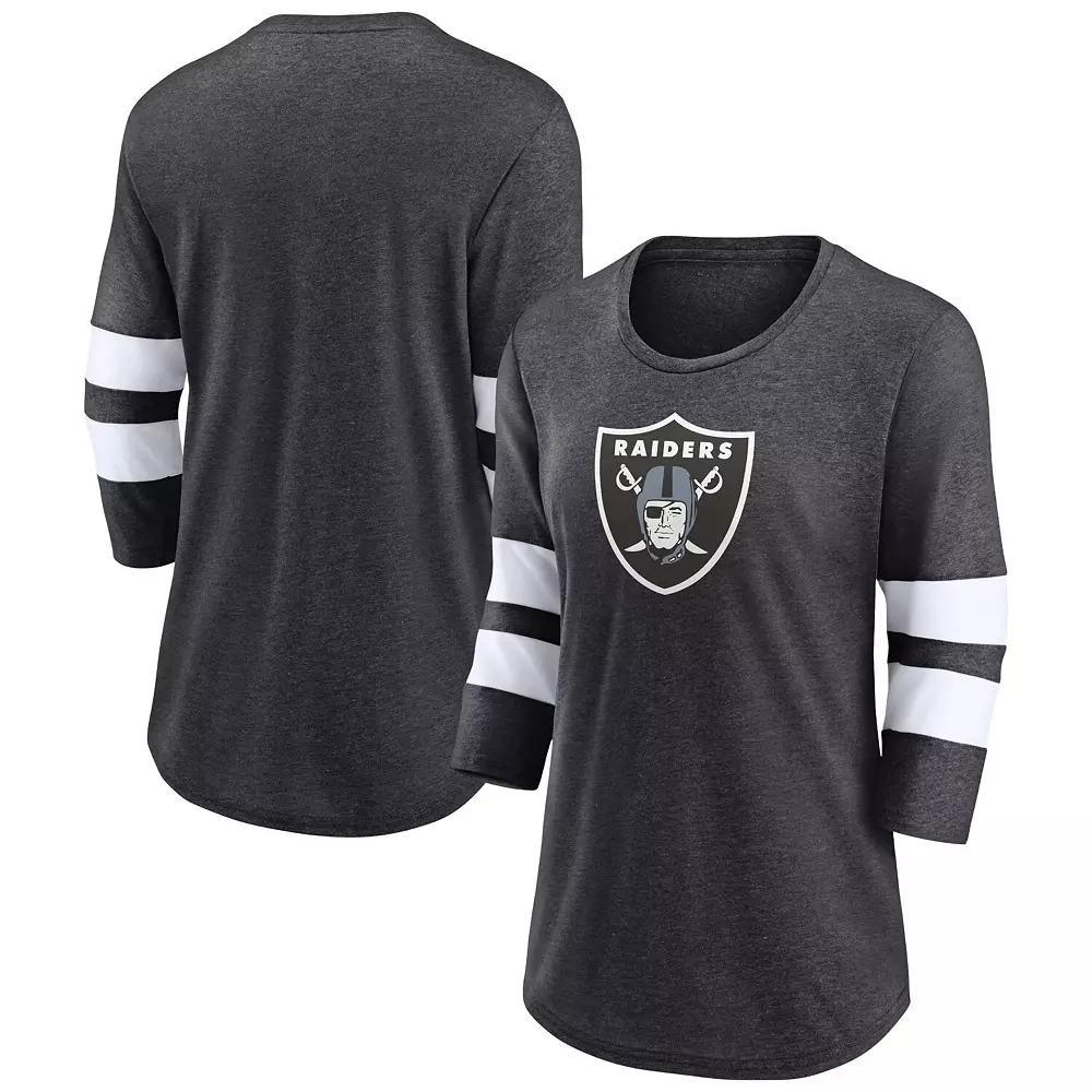 Women's Fanatics Branded Heathered Charcoal Las Vegas Raiders Primary Logo 3/4 Sleeve Scoop Neck T-Shirt,  Product Image
