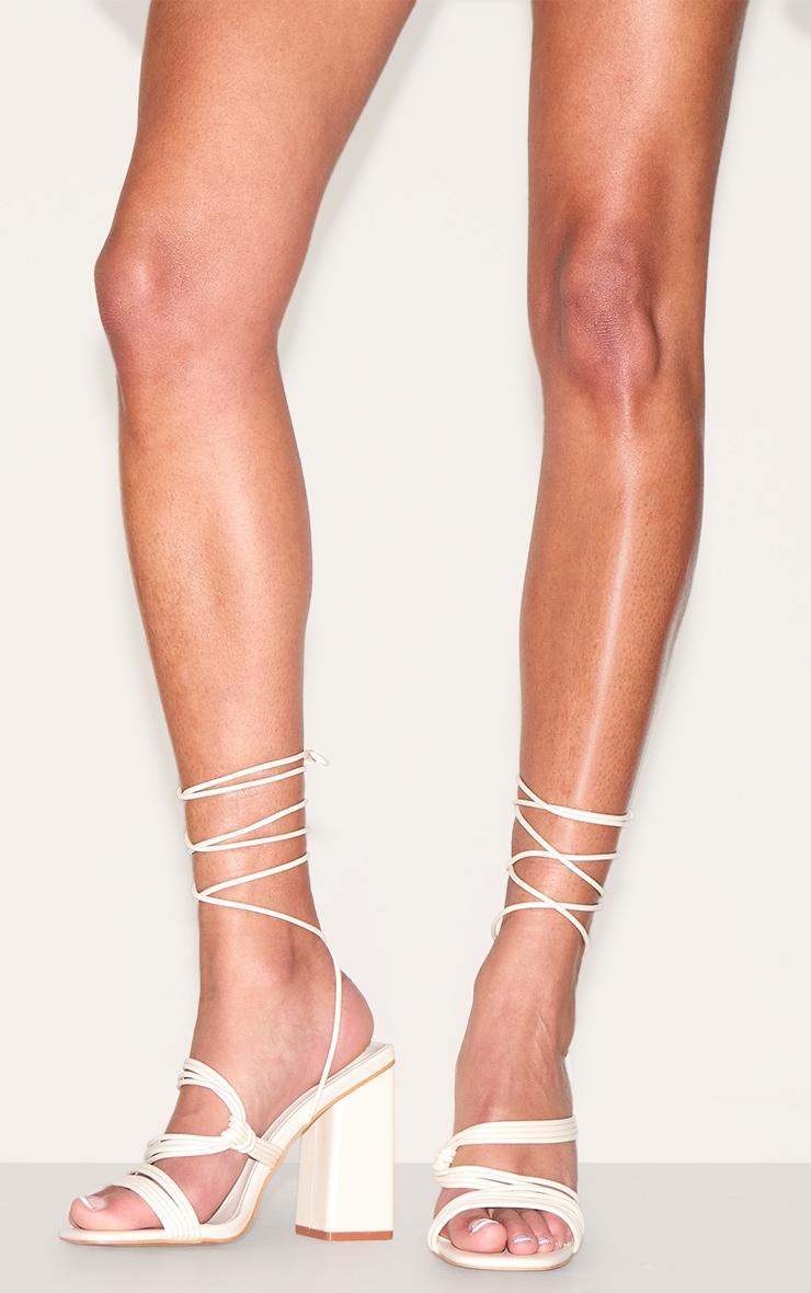Cream PU Square Toe Strappy Lace Up Block Heeled Sandals Product Image